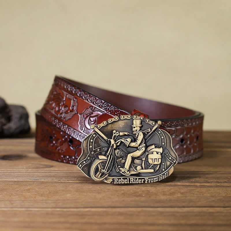 Ceinture en cuir à boucle pour homme avec tête de mort et moto