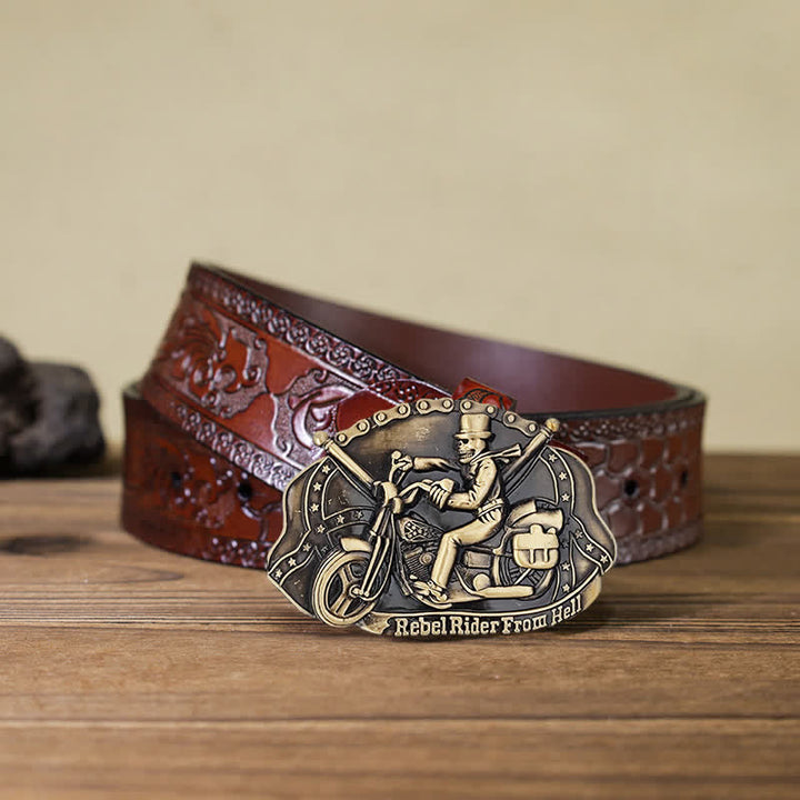 Ceinture en cuir à boucle pour homme avec tête de mort et moto