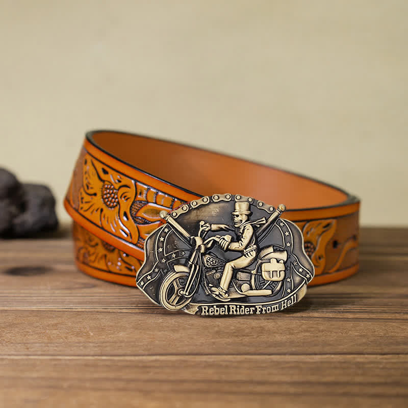 Ceinture en cuir à boucle pour homme avec tête de mort et moto