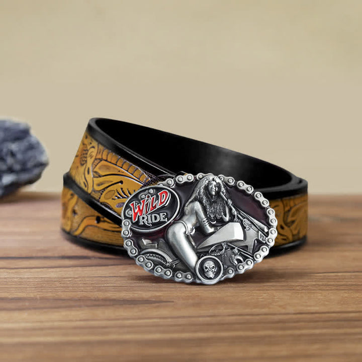 Ceinture en cuir à boucle pour homme et femme avec motif moto Wild Ride