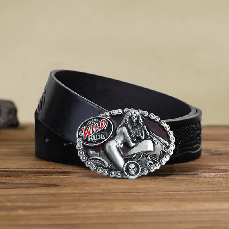 Ceinture en cuir à boucle pour homme et femme avec motif moto Wild Ride