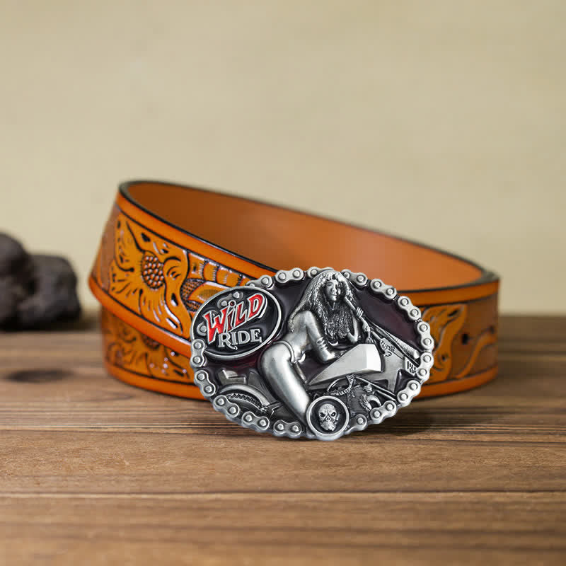 Ceinture en cuir à boucle pour homme et femme avec motif moto Wild Ride