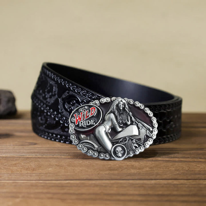 Ceinture en cuir à boucle pour homme et femme avec motif moto Wild Ride