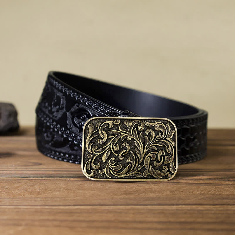 Ceinture en cuir à boucle en volutes pour homme avec motif feuilles et motif DIY
