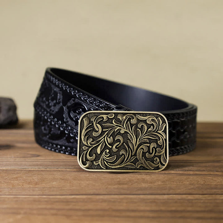 Ceinture en cuir à boucle en volutes pour homme avec motif feuilles et motif DIY