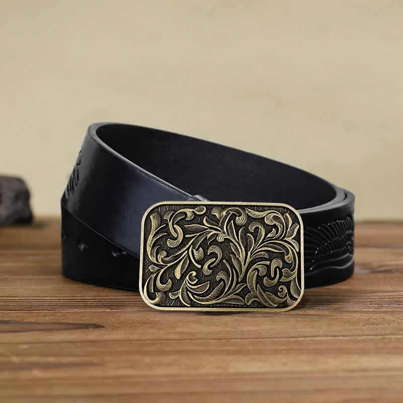 Ceinture en cuir à boucle en volutes pour homme avec motif feuilles et motif DIY