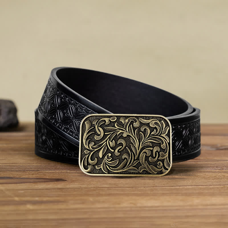 Ceinture en cuir à boucle en volutes pour homme avec motif feuilles et motif DIY