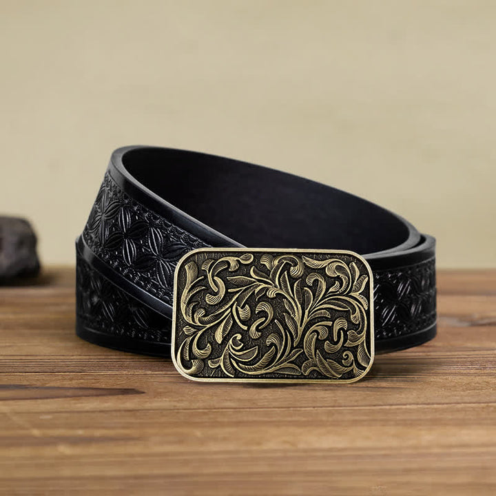 Ceinture en cuir à boucle en volutes pour homme avec motif feuilles et motif DIY