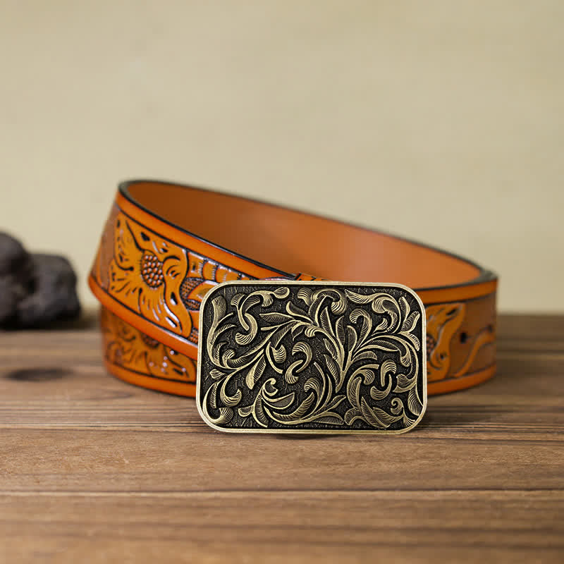 Ceinture en cuir à boucle en volutes pour homme avec motif feuilles et motif DIY