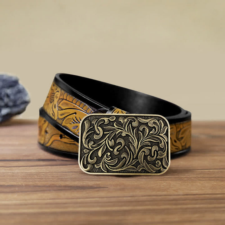 Ceinture en cuir à boucle en volutes pour homme avec motif feuilles et motif DIY