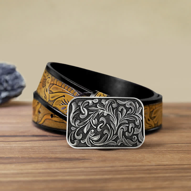 Ceinture en cuir à boucle en volutes pour homme avec motif feuilles et motif DIY
