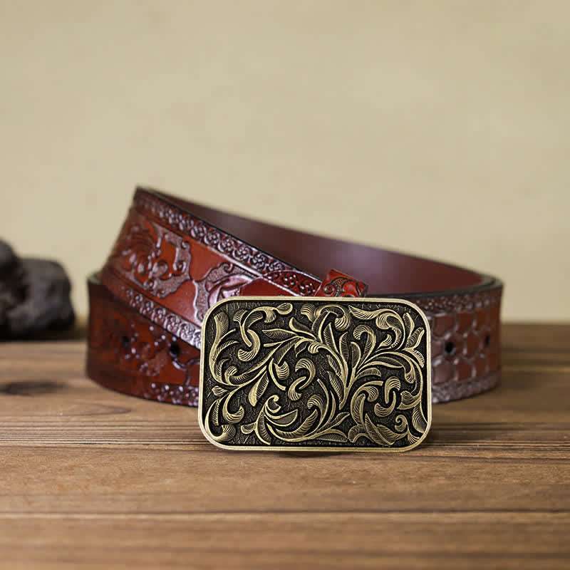 Ceinture en cuir à boucle en volutes pour homme avec motif feuilles et motif DIY