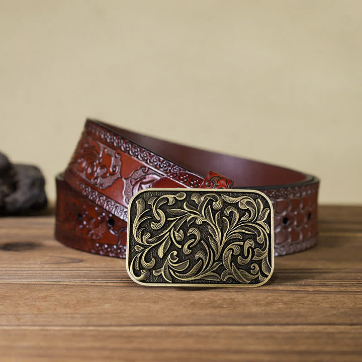 Ceinture en cuir à boucle en volutes pour homme avec motif feuilles et motif DIY