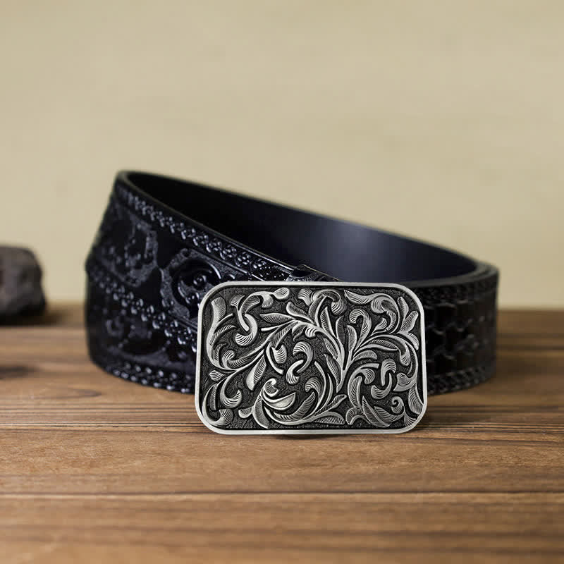 Ceinture en cuir à boucle en volutes pour homme avec motif feuilles et motif DIY