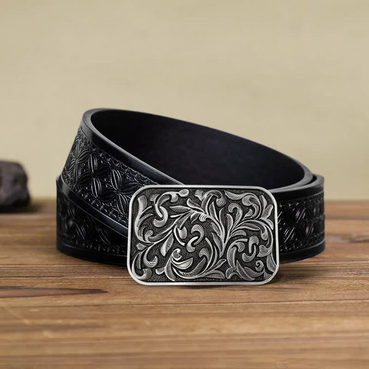 Ceinture en cuir à boucle en volutes pour homme avec motif feuilles et motif DIY