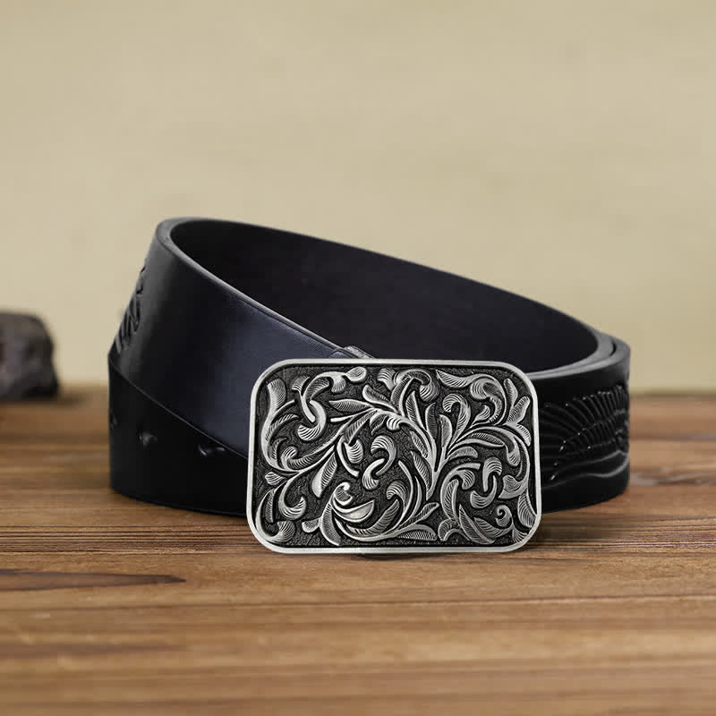 Ceinture en cuir à boucle en volutes pour homme avec motif feuilles et motif DIY