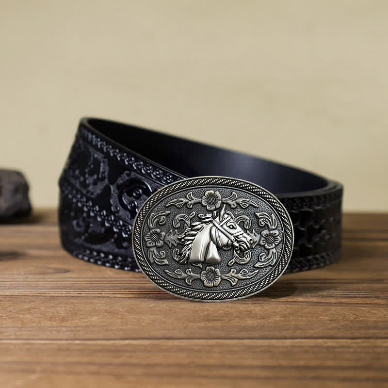 Ceinture en cuir à boucle florale pour homme avec motif cheval western