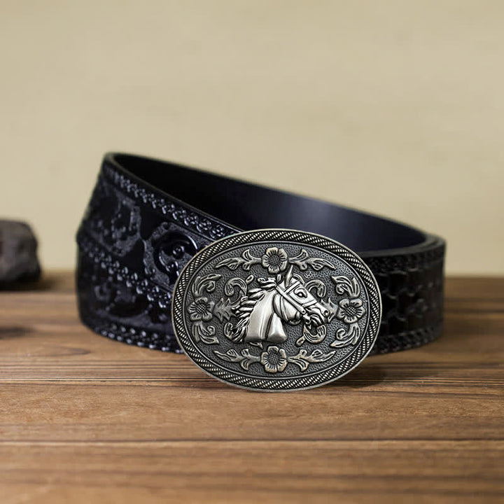Ceinture en cuir à boucle florale pour homme avec motif cheval western