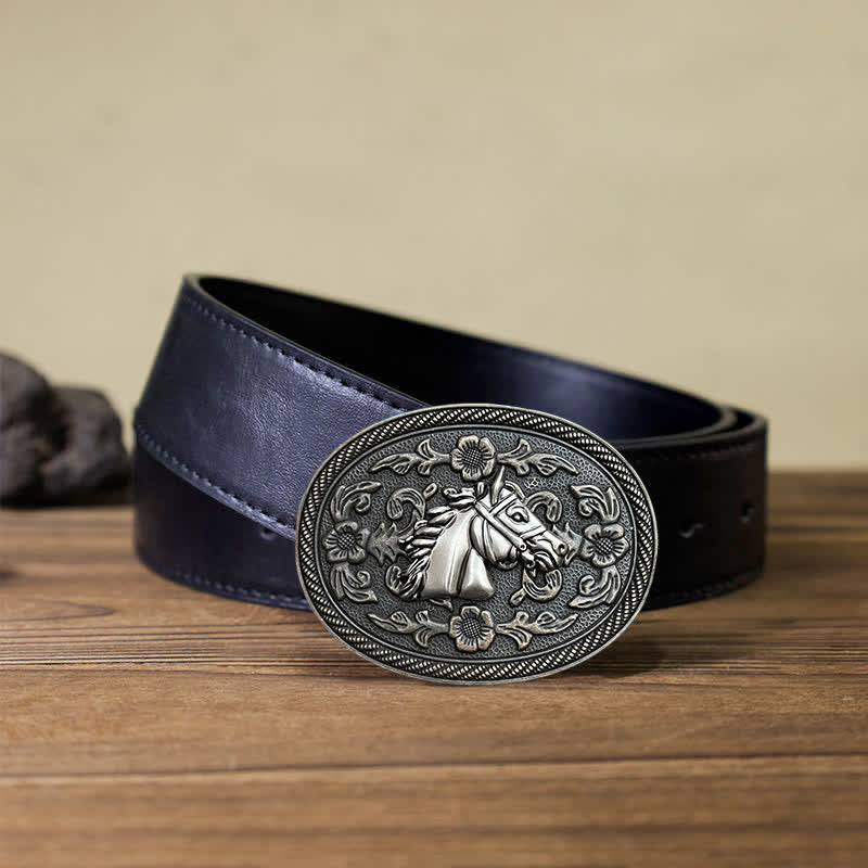 Ceinture en cuir à boucle florale pour homme avec motif cheval western
