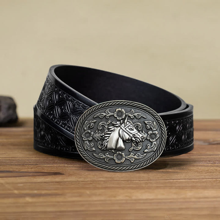 Ceinture en cuir à boucle florale pour homme avec motif cheval western