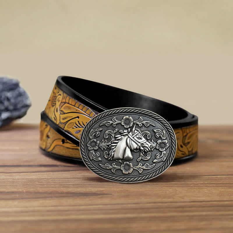 Ceinture en cuir à boucle florale pour homme avec motif cheval western