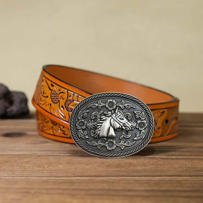 Ceinture en cuir à boucle florale pour homme avec motif cheval western