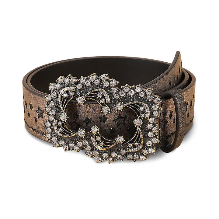 Ceinture en cuir avec gaufrage pentagramme strass pour femme