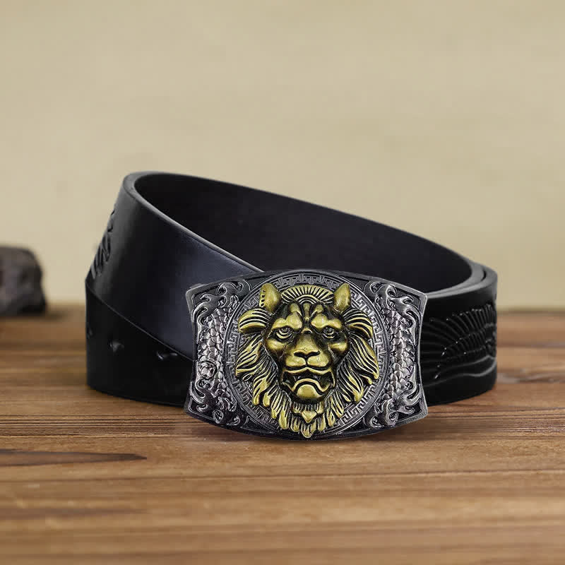 Ceinture en cuir pour homme avec couteau pliant caché Lion doré