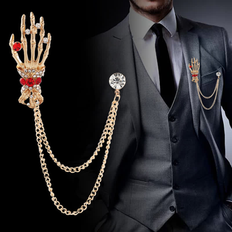 Broche en strass en forme de main de squelette pour homme
