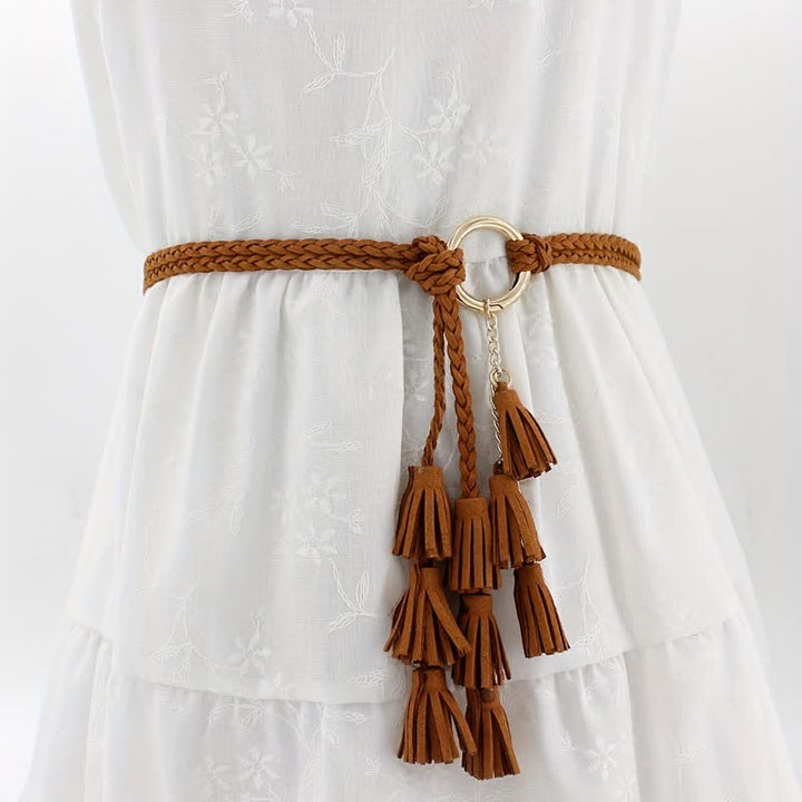 Ceinture tressée à pompons bohème pour femme