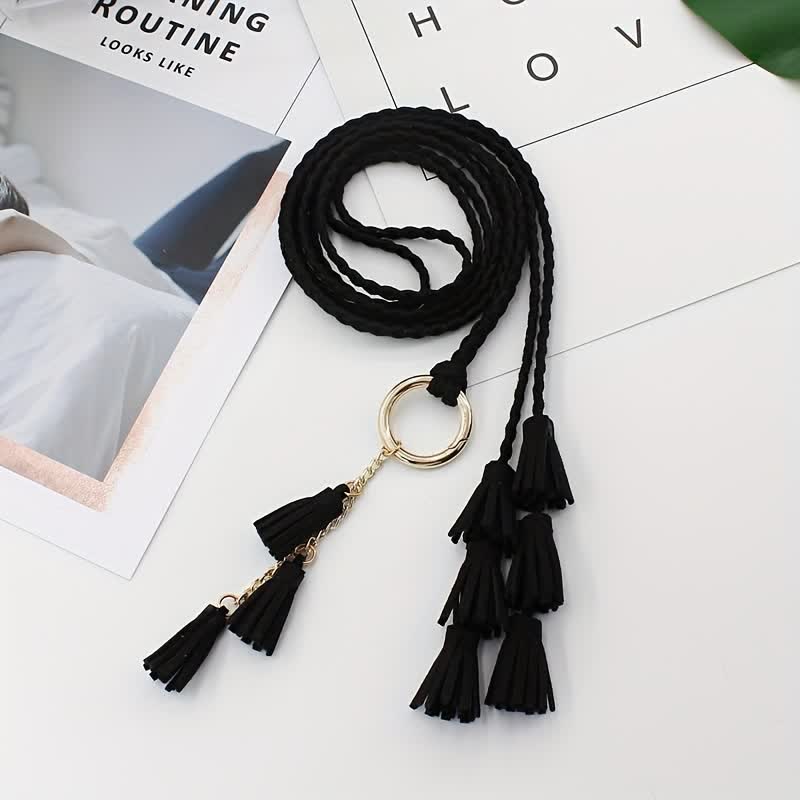 Ceinture tressée à pompons bohème pour femme