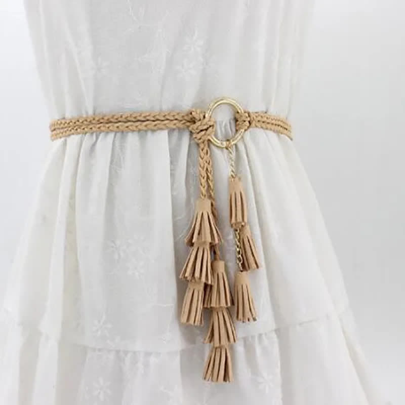 Ceinture tressée à pompons bohème pour femme