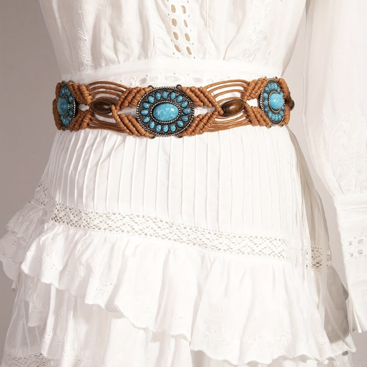 Ceinture tressée bohème incrustée de turquoise pour femme