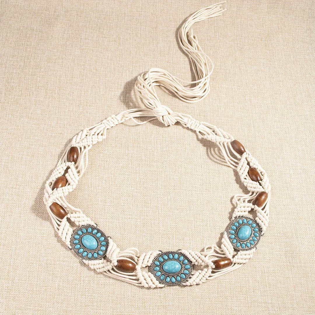 Ceinture tressée bohème incrustée de turquoise pour femme