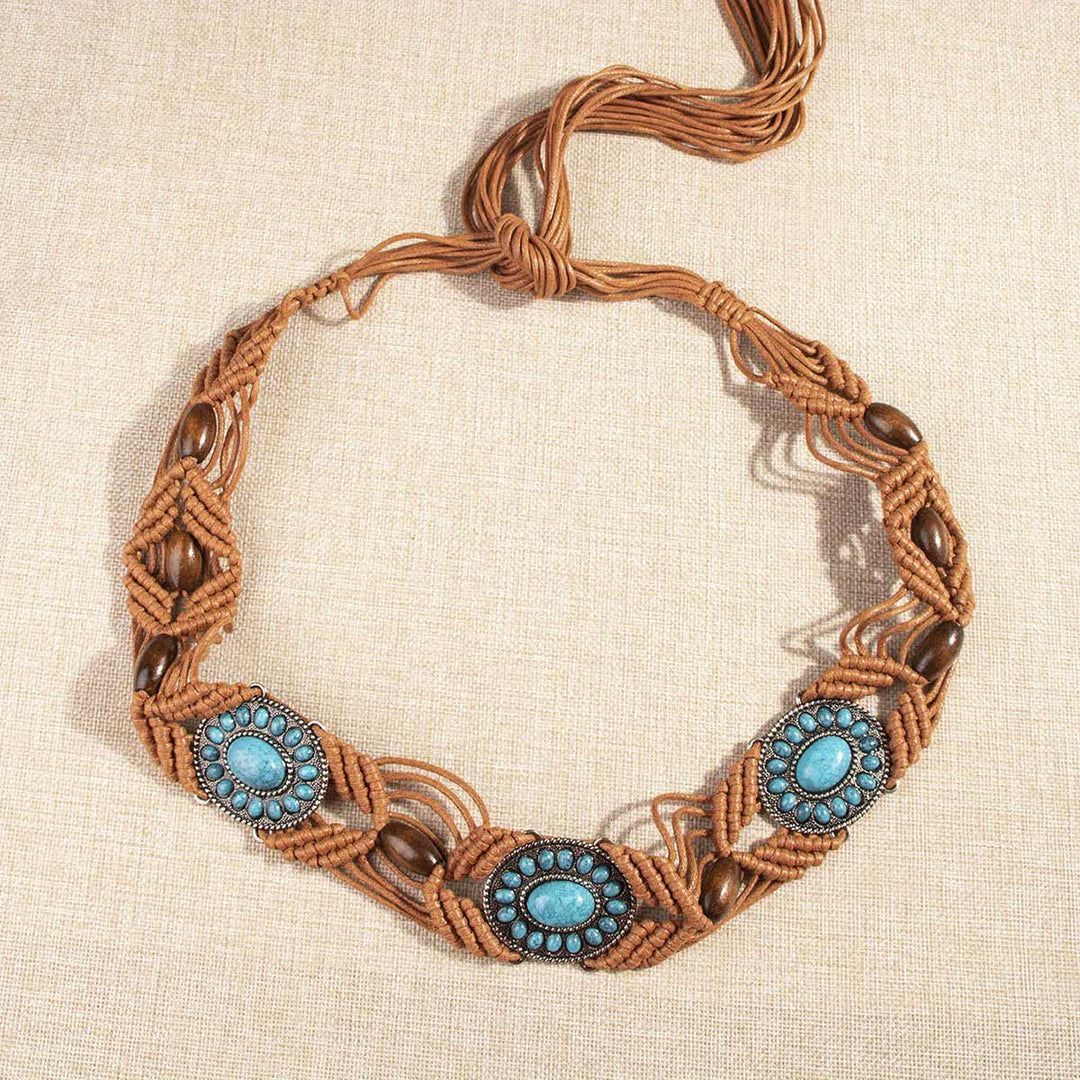 Ceinture tressée bohème incrustée de turquoise pour femme