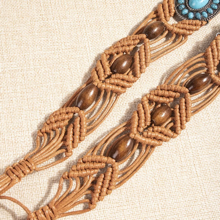 Ceinture tressée bohème incrustée de turquoise pour femme