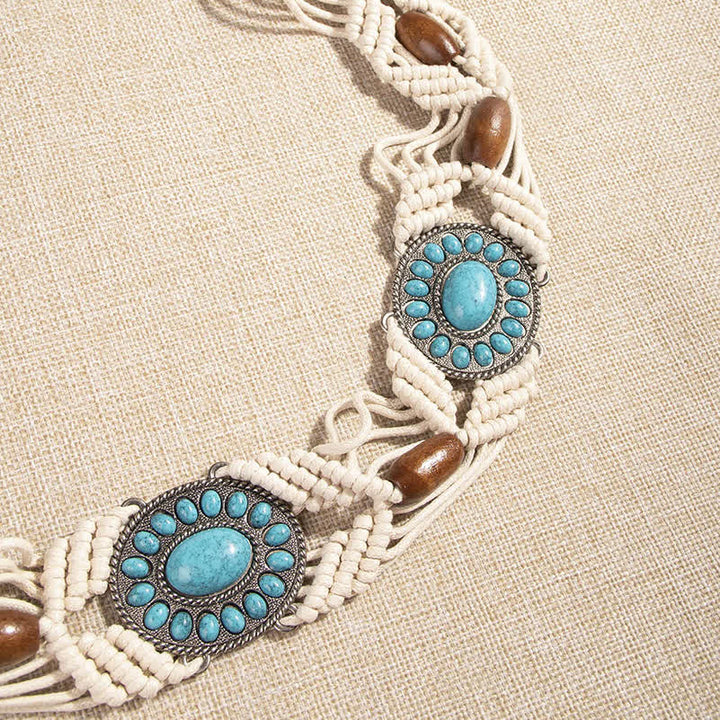 Ceinture tressée bohème incrustée de turquoise pour femme