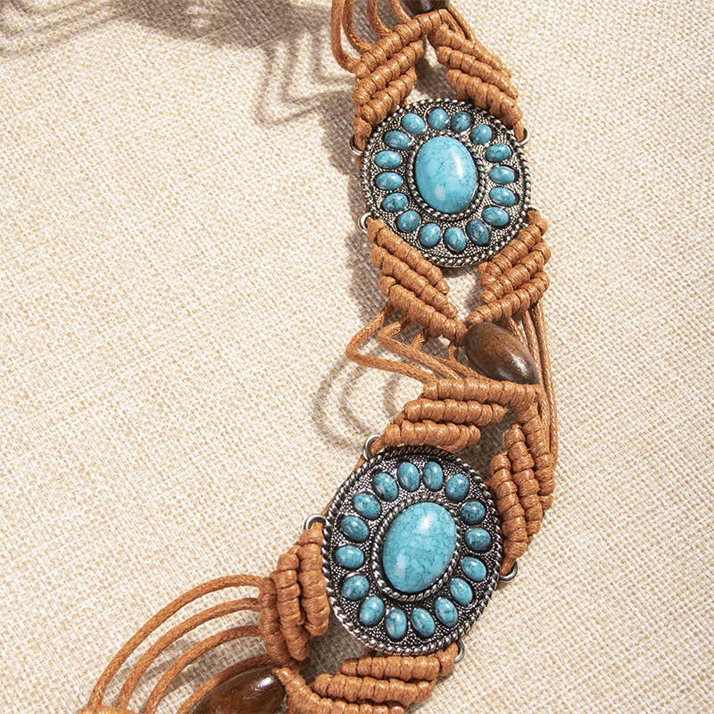 Ceinture tressée bohème incrustée de turquoise pour femme