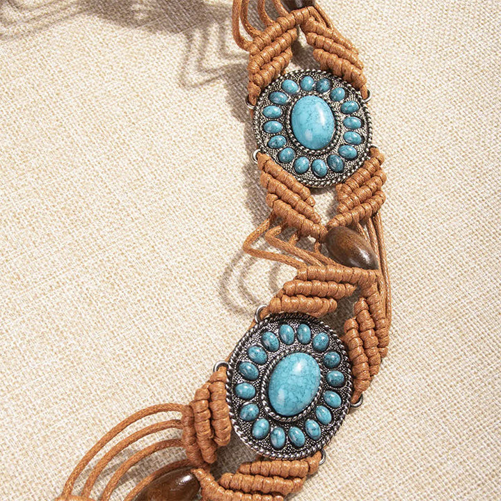 Ceinture tressée bohème incrustée de turquoise pour femme