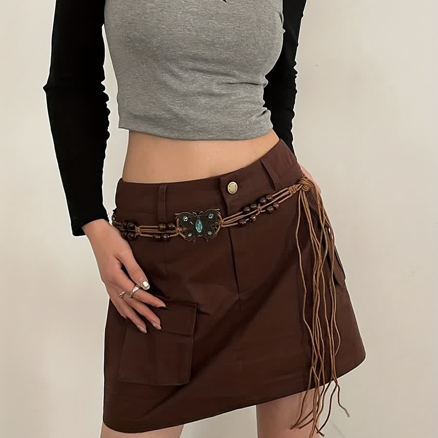 Ceinture tressée style boho à motif papillon et fleurs pour femme