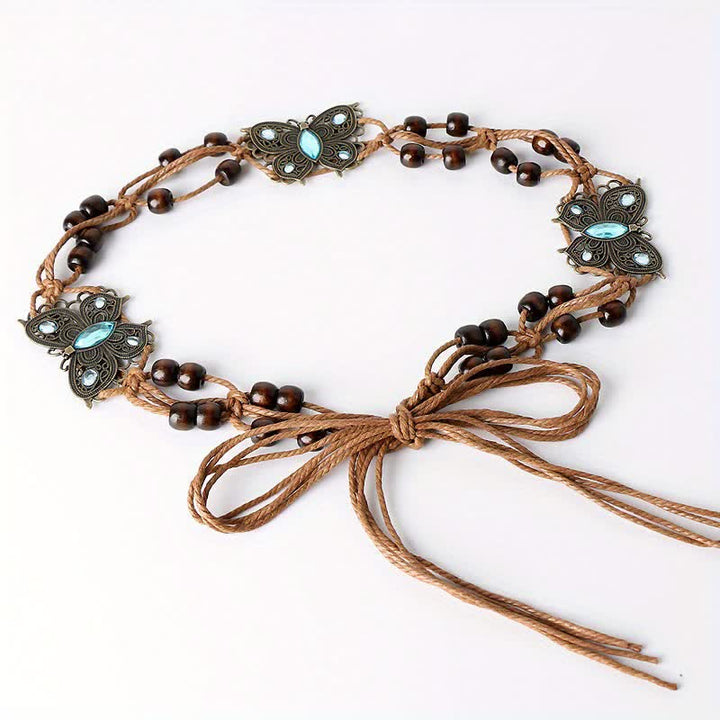 Ceinture tressée style boho à motif papillon et fleurs pour femme