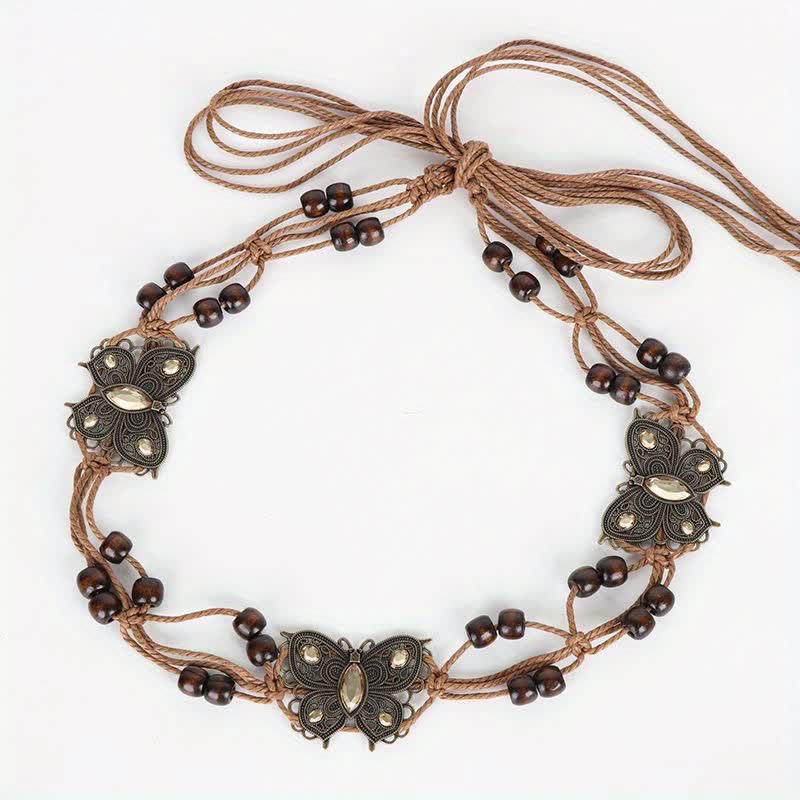 Ceinture tressée style boho à motif papillon et fleurs pour femme