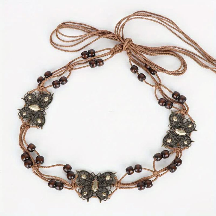 Ceinture tressée style boho à motif papillon et fleurs pour femme