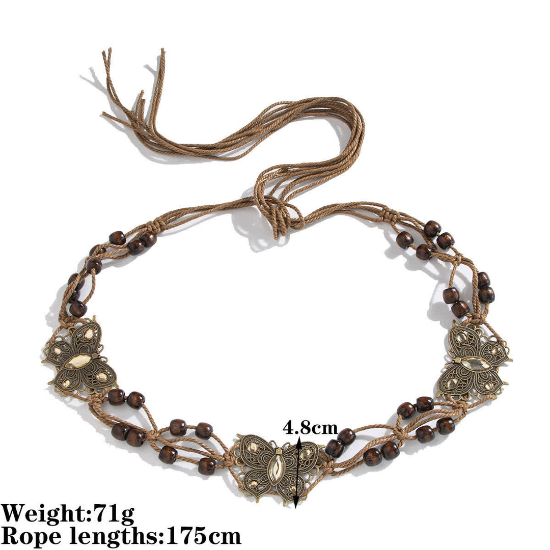 Ceinture tressée style boho à motif papillon et fleurs pour femme