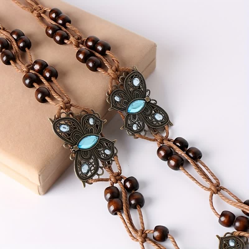 Ceinture tressée style boho à motif papillon et fleurs pour femme
