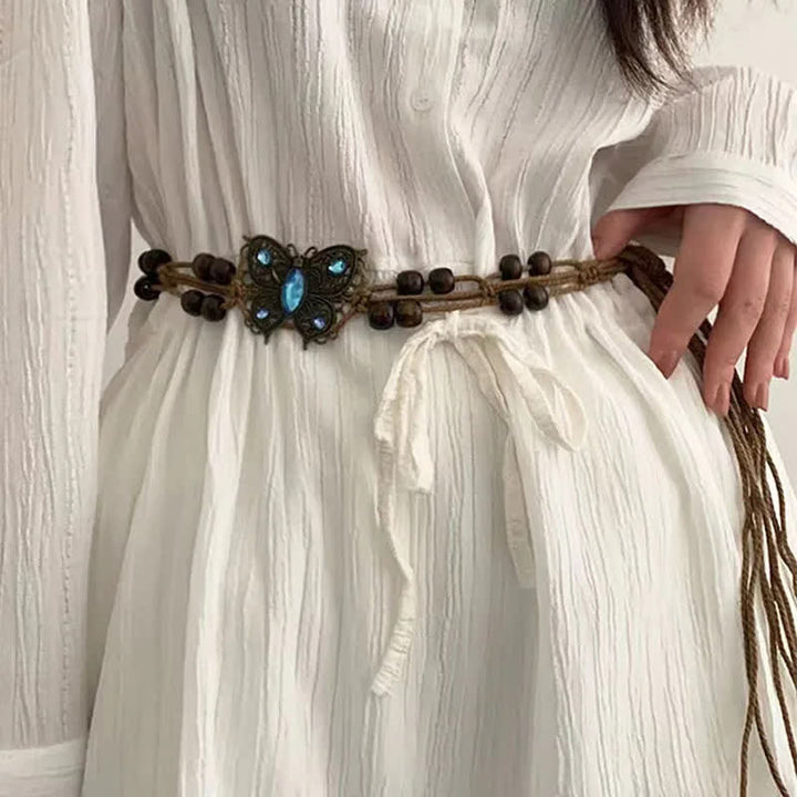 Ceinture tressée style boho à motif papillon et fleurs pour femme