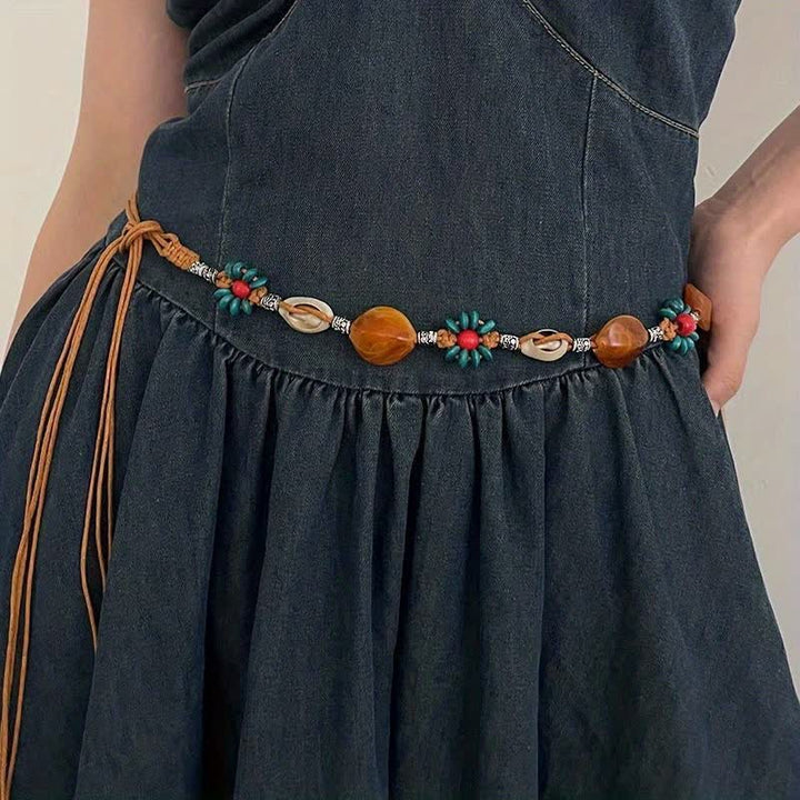 Ceinture tressée style bohème à perles et coquillages pour femme
