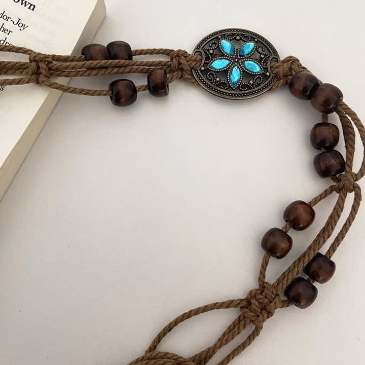 Ceinture tressée bohème en perles de bois et pierres précieuses pour femme