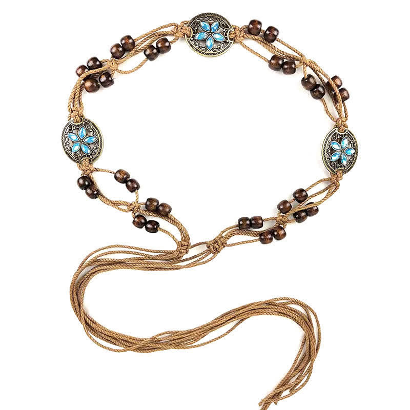 Ceinture tressée bohème en perles de bois et pierres précieuses pour femme