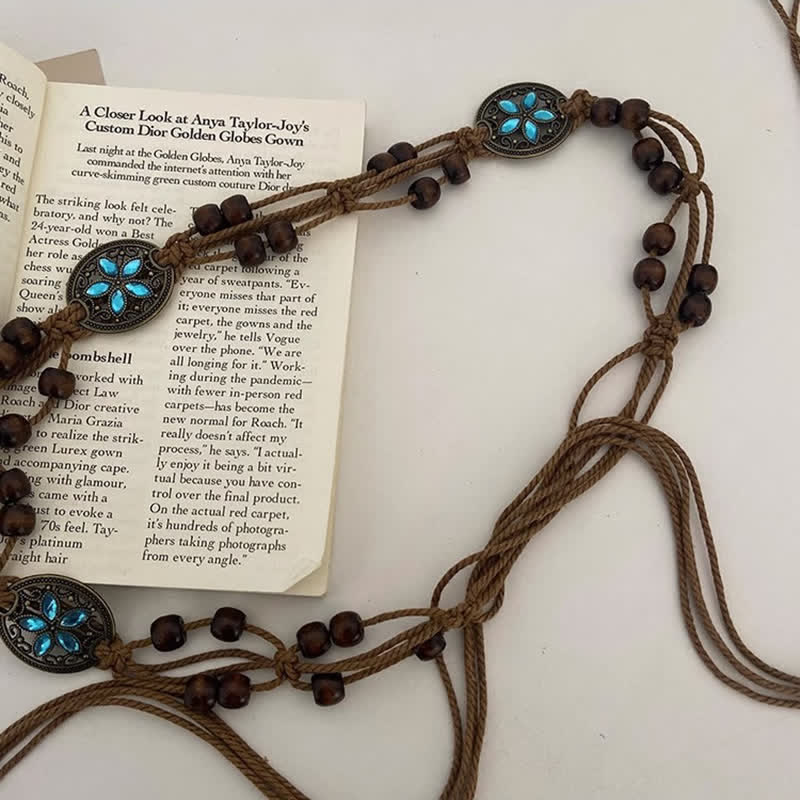 Ceinture tressée bohème en perles de bois et pierres précieuses pour femme